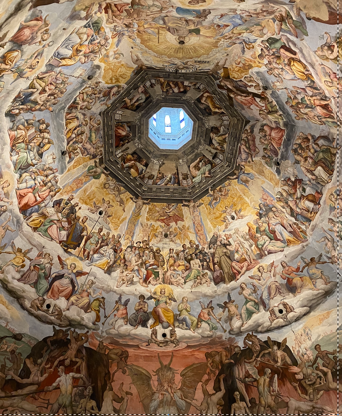 The inside of the Dome of the Florence Cathedral is frescoed by Giorgio Vasari and Federico Zuccario, depicting the Last Judgement of Christ. 