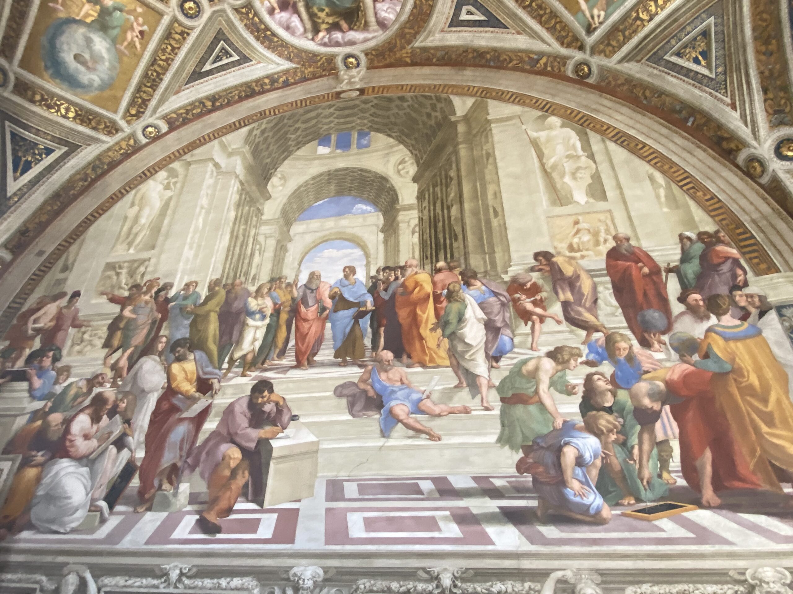 Fresco in the office of the Pope Julius II composed by the Rapheal. The image depicts all the major characters of the Western civilisation- from Socrates and Aristotle to Michelangelo and Raphael himself. Pope Julius is considered a Renaissance 'humanist', and this fresco underscored his notion of continuity of his office from the classical antiquity. 